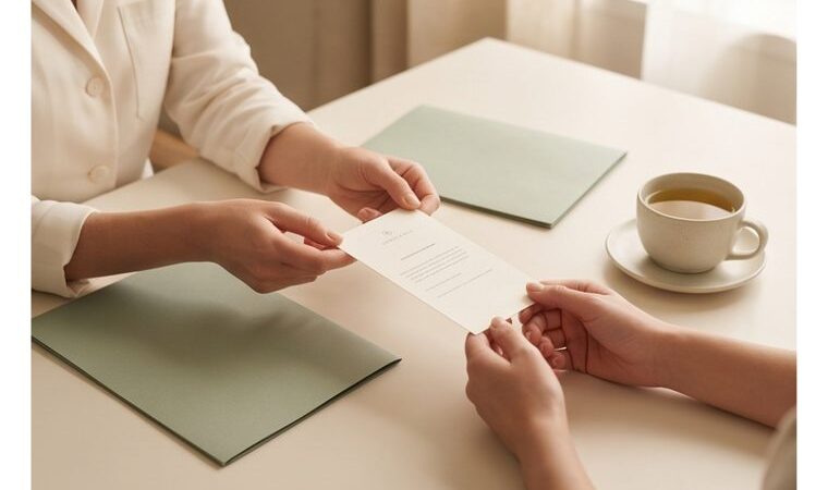 A personalised programme card being handed to a client